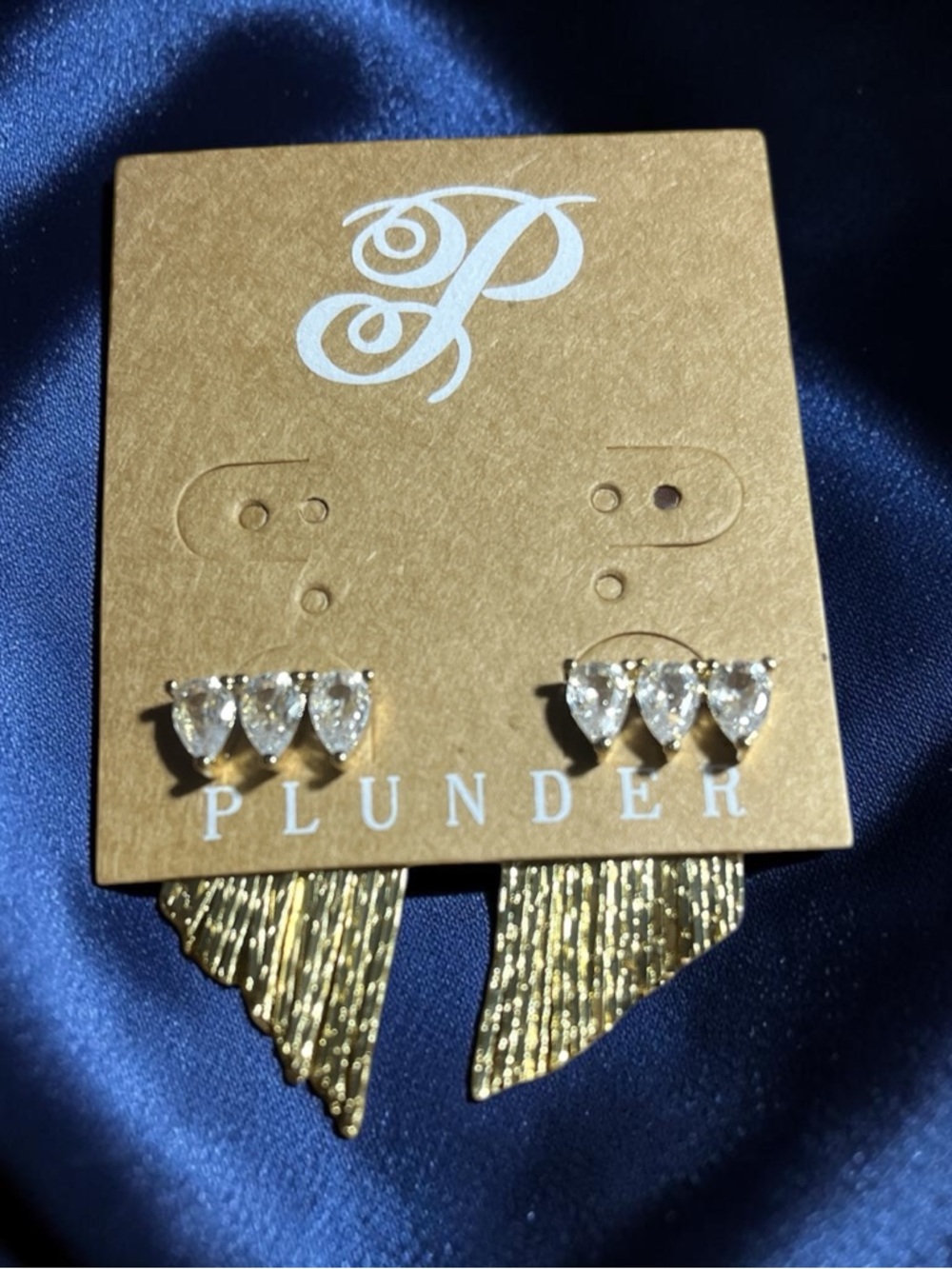 Plunder Gold Teardrop Crystal Trio Stud Earrings with Textured Drop Accent